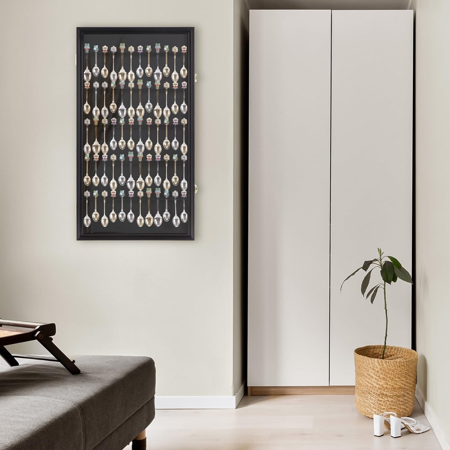 DisplayGifts 60 Souvenir Spoon Tea Spoon Display Case Rack Holder Wall Cabinet Collection Frame with UV Protection, Lockable Door (Cherry Finish)