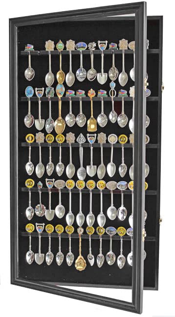 DisplayGifts 60 Souvenir Spoon Tea Spoon Display Case Rack Holder Wall Cabinet Collection Frame with UV Protection, Lockable Door (Cherry Finish)