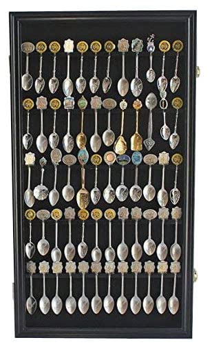 DisplayGifts 60 Souvenir Spoon Tea Spoon Display Case Rack Holder Wall Cabinet Collection Frame with UV Protection, Lockable Door (Cherry Finish)