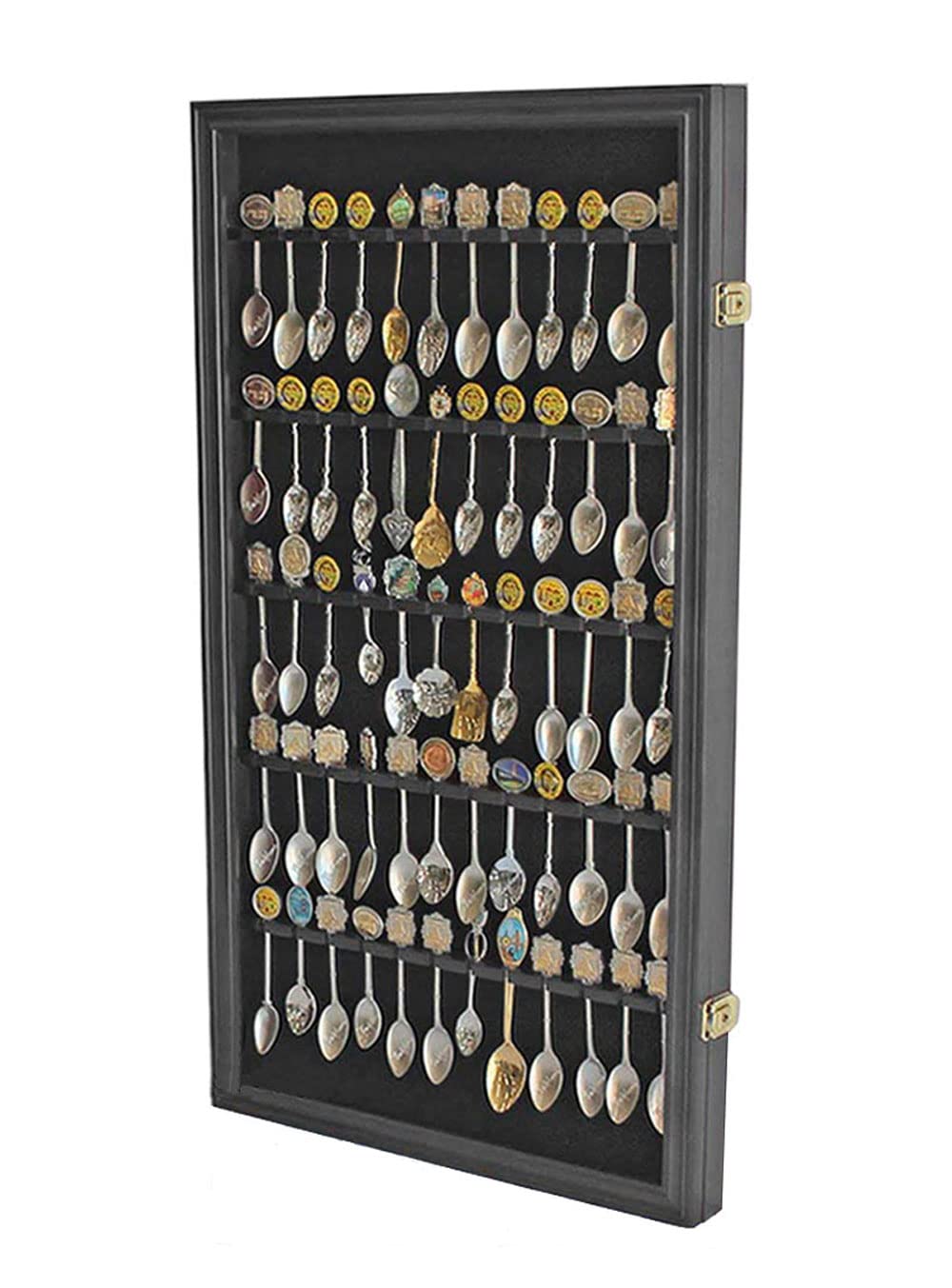 DisplayGifts 60 Souvenir Spoon Tea Spoon Display Case Rack Holder Wall Cabinet Collection Frame with UV Protection, Lockable Door (Cherry Finish)