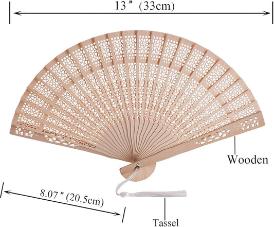 50 Sets Wooden Hand Fan Wood Handheld Folding Fans with Organza Bags and Thank You Tag and Tassels Wedding Party Favors
