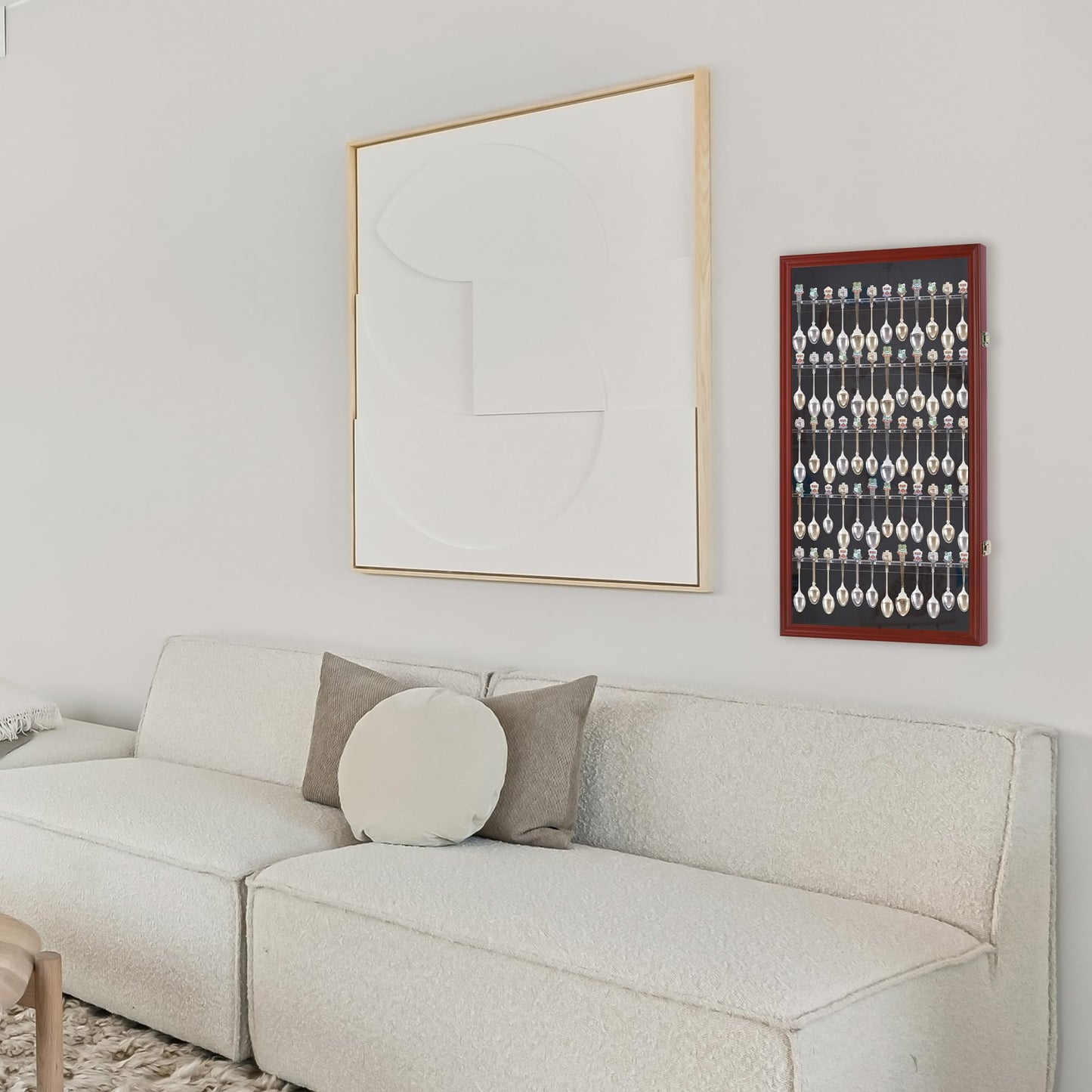 DisplayGifts 60 Souvenir Spoon Tea Spoon Display Case Rack Holder Wall Cabinet Collection Frame with UV Protection, Lockable Door (Cherry Finish)