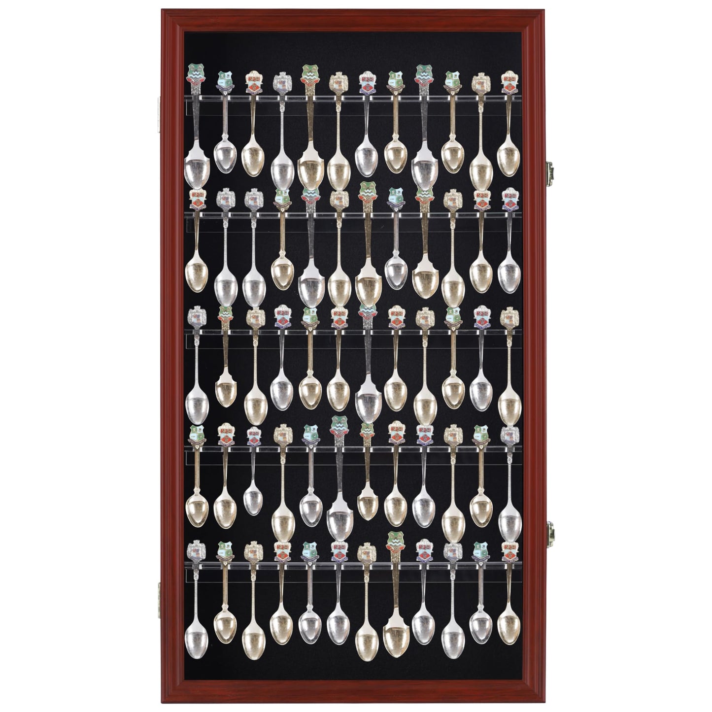 DisplayGifts 60 Souvenir Spoon Tea Spoon Display Case Rack Holder Wall Cabinet Collection Frame with UV Protection, Lockable Door (Cherry Finish)
