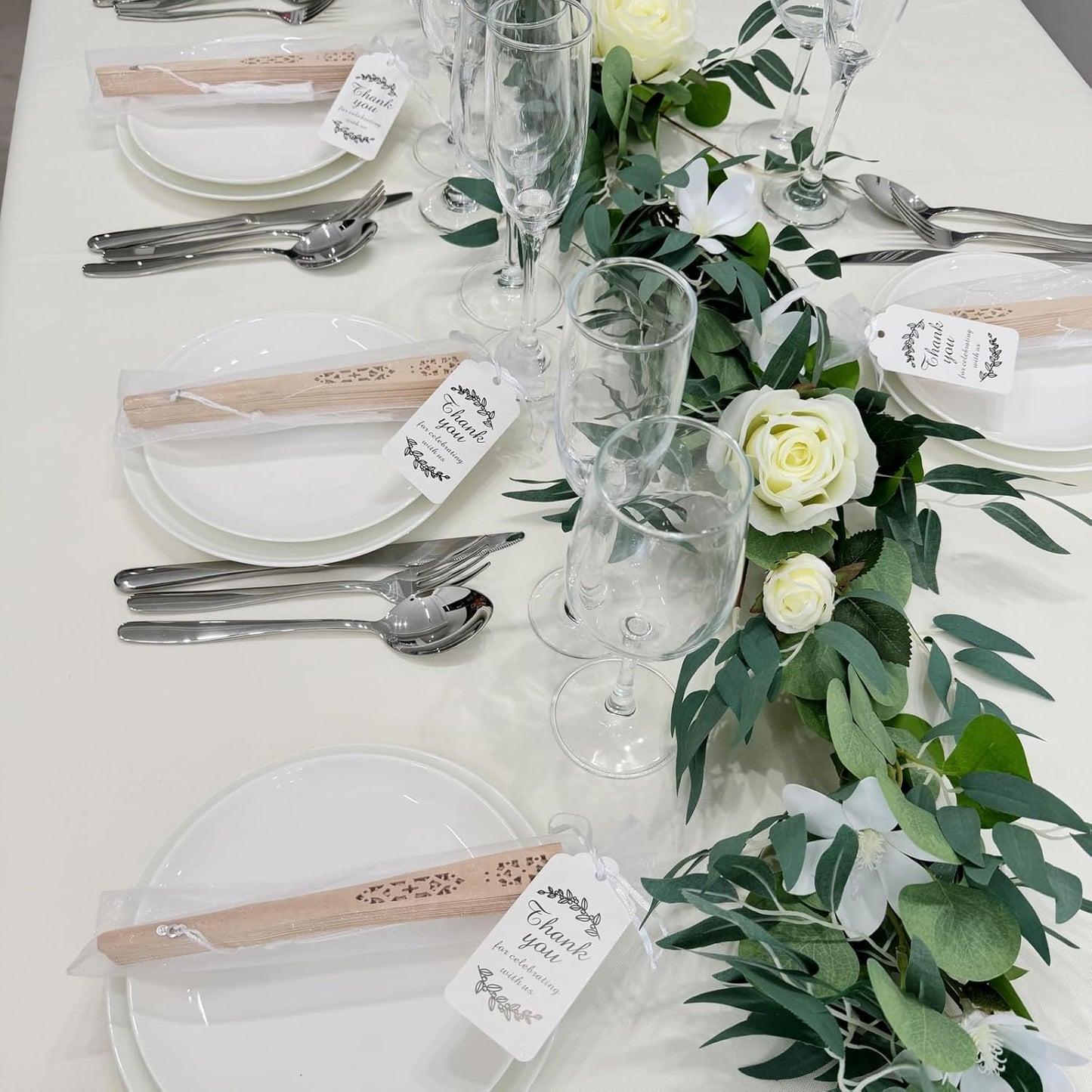 50 Sets Wooden Hand Fan Wood Handheld Folding Fans with Organza Bags and Thank You Tag and Tassels Wedding Party Favors