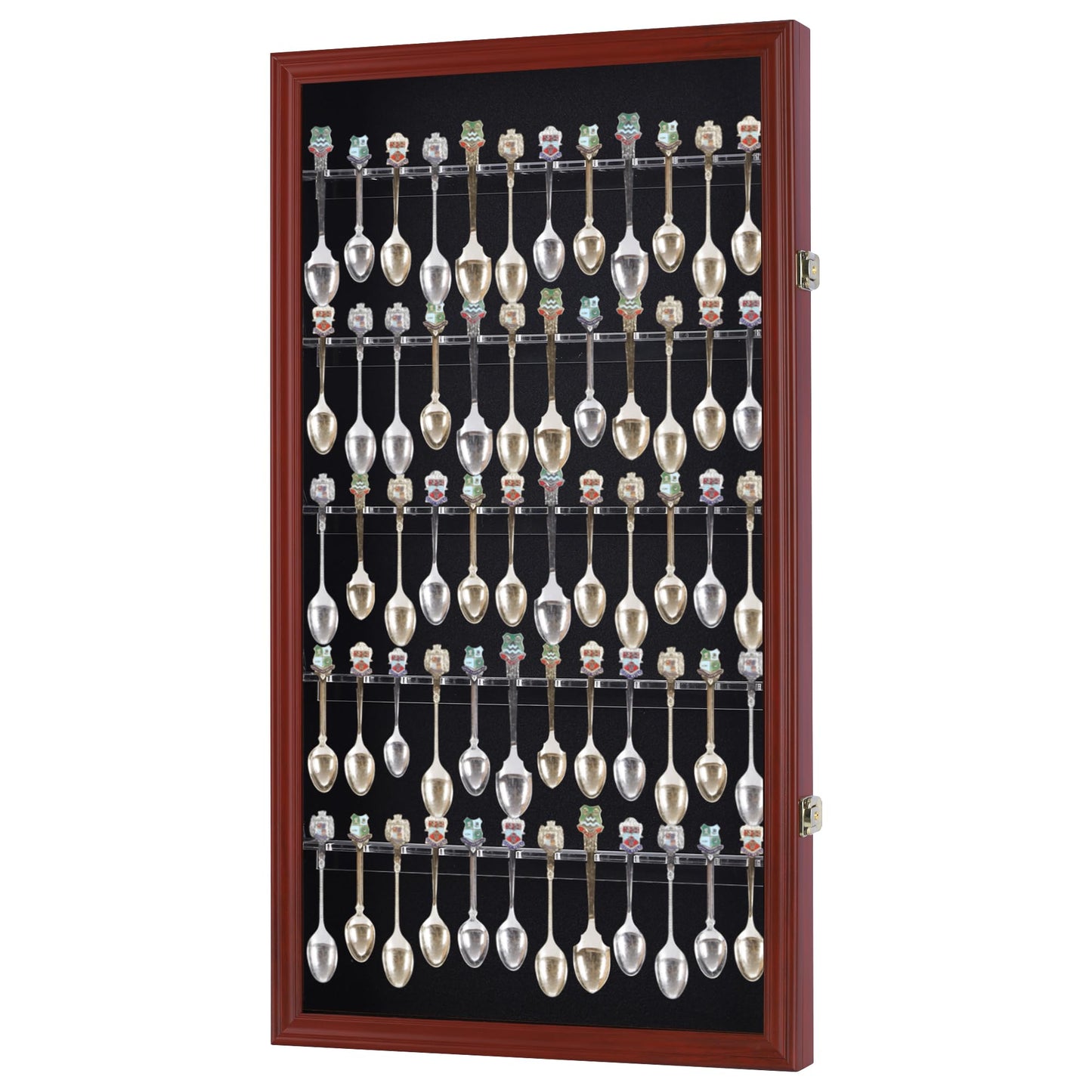 DisplayGifts 60 Souvenir Spoon Tea Spoon Display Case Rack Holder Wall Cabinet Collection Frame with UV Protection, Lockable Door (Cherry Finish)