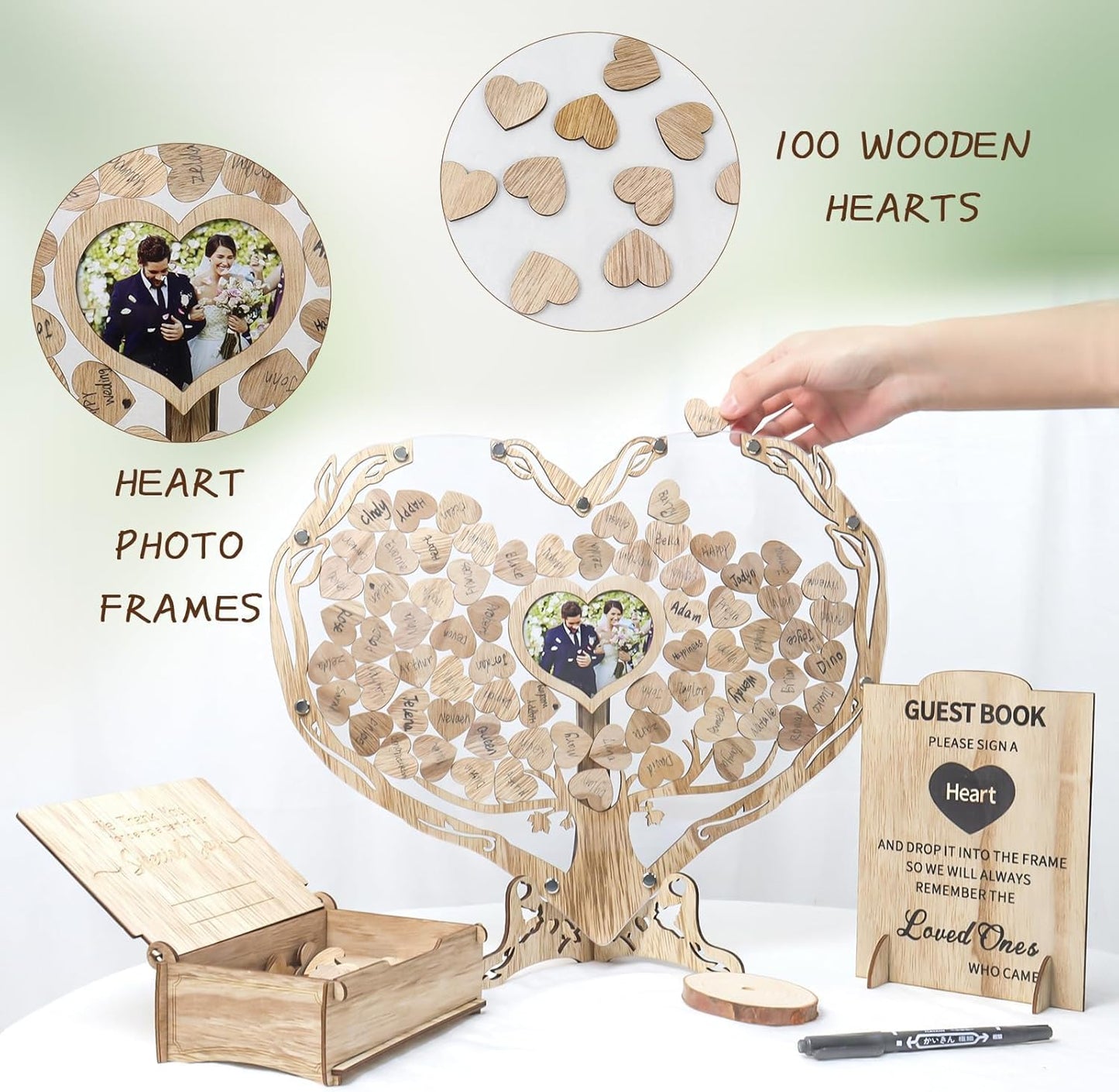 Heart Wedding Guest Book Alternative, Rustic Wooden Wedding Souvenirs with Heart Picture Frame, Heart Guest Book Drop Box, Personalized Decor Party Birthday
