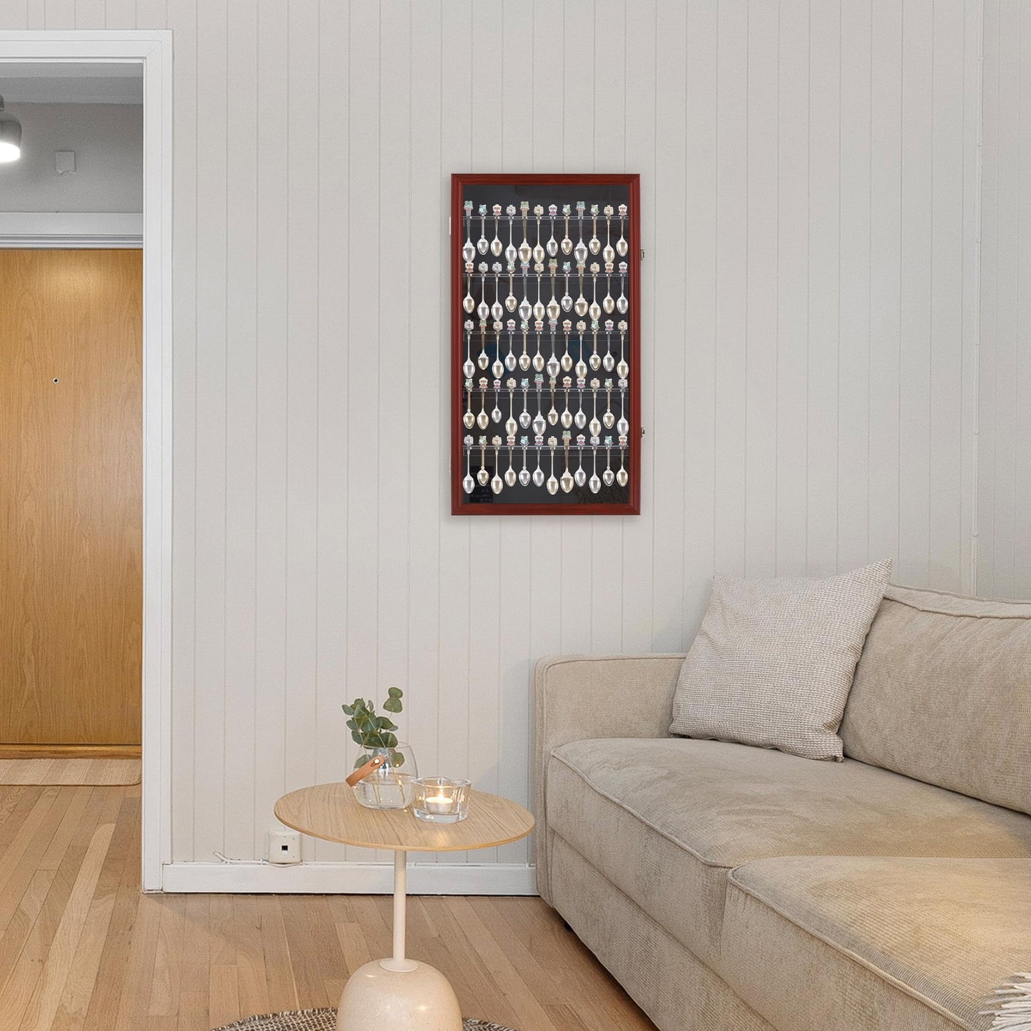 DisplayGifts 60 Souvenir Spoon Tea Spoon Display Case Rack Holder Wall Cabinet Collection Frame with UV Protection, Lockable Door (Cherry Finish)