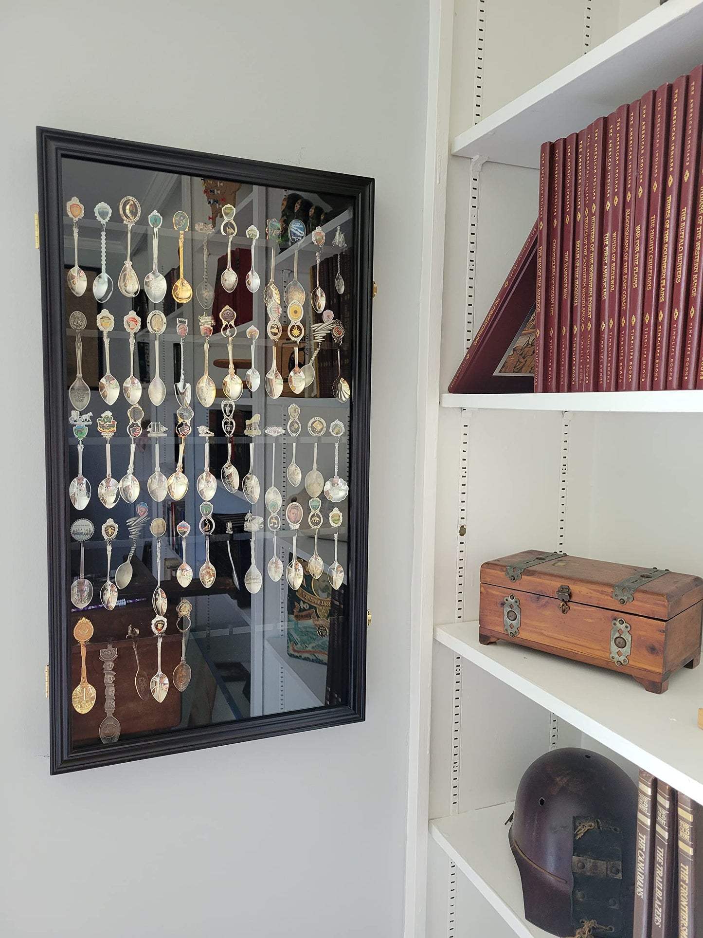 DisplayGifts 60 Souvenir Spoon Tea Spoon Display Case Rack Holder Wall Cabinet Collection Frame with UV Protection, Lockable Door (Cherry Finish)